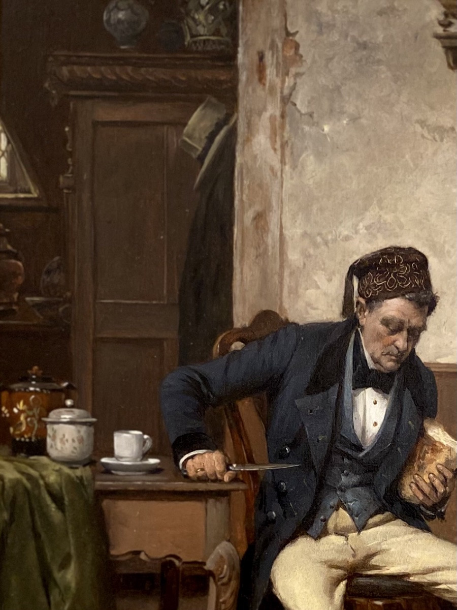 Gérard Portielje (antwerp 1856 – 1929 Remich, Luxembourg) Belgian Painter - 'cutting The Bread'-photo-4