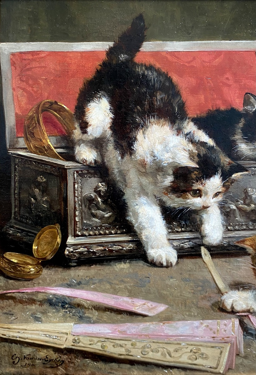 Charles Van Den Eycken (1859 – Brussels – 1923)  - ' Curious Kittens'-photo-1
