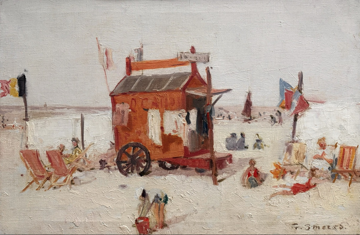 Frans Smeers (1873  – 1960) - ' Cabine de plage par une journée ensoleillée – Plage La Panne '-photo-2