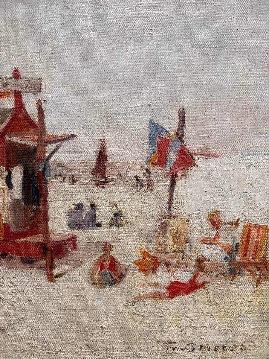 Frans Smeers (1873  – 1960) - ' Cabine de plage par une journée ensoleillée – Plage La Panne '-photo-4