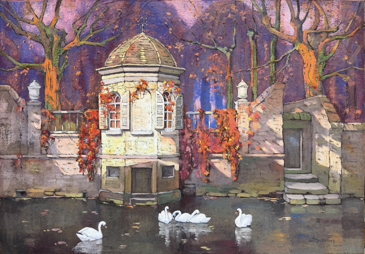 Louis Reckelbus (1864 – Bruges – 1958) - « Vue du canal de Bruges, Grogenerei »-photo-2