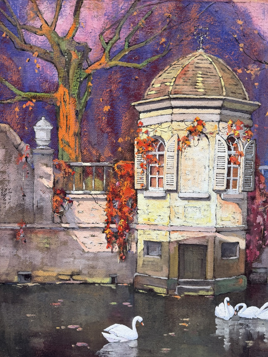 Louis Reckelbus (1864 – Bruges – 1958) - « Vue du canal de Bruges, Grogenerei »-photo-3