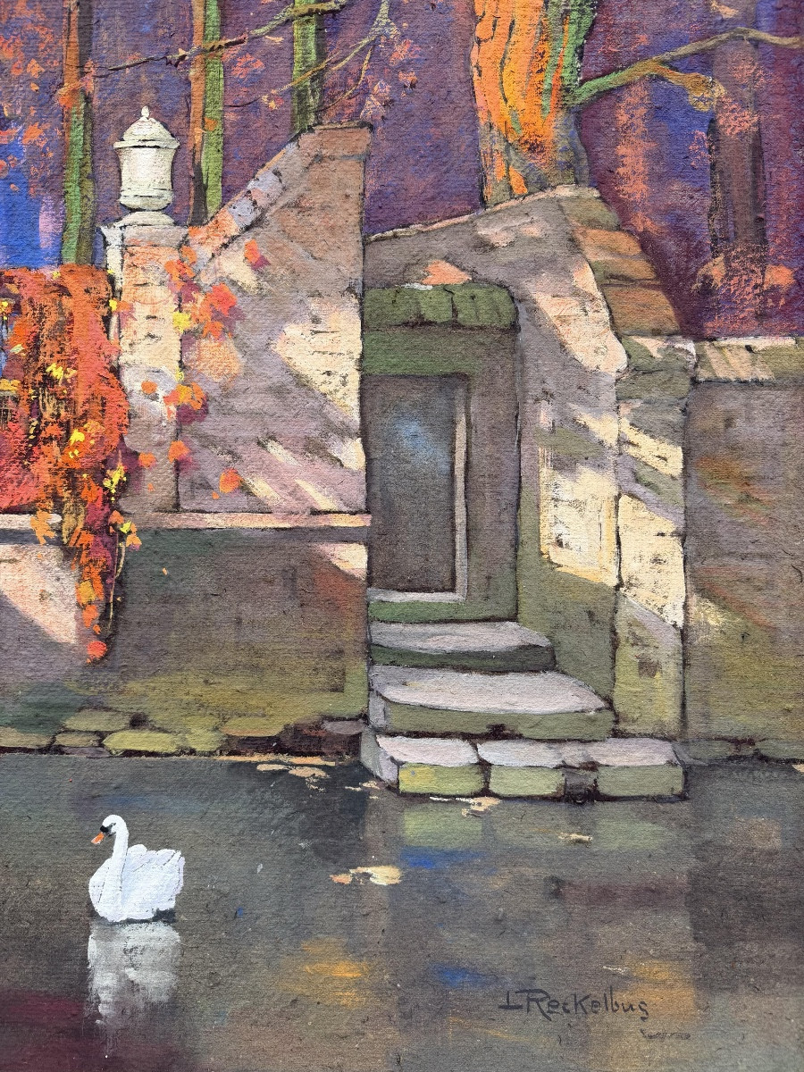 Louis Reckelbus (1864 – Bruges – 1958) - « Vue du canal de Bruges, Grogenerei »-photo-3