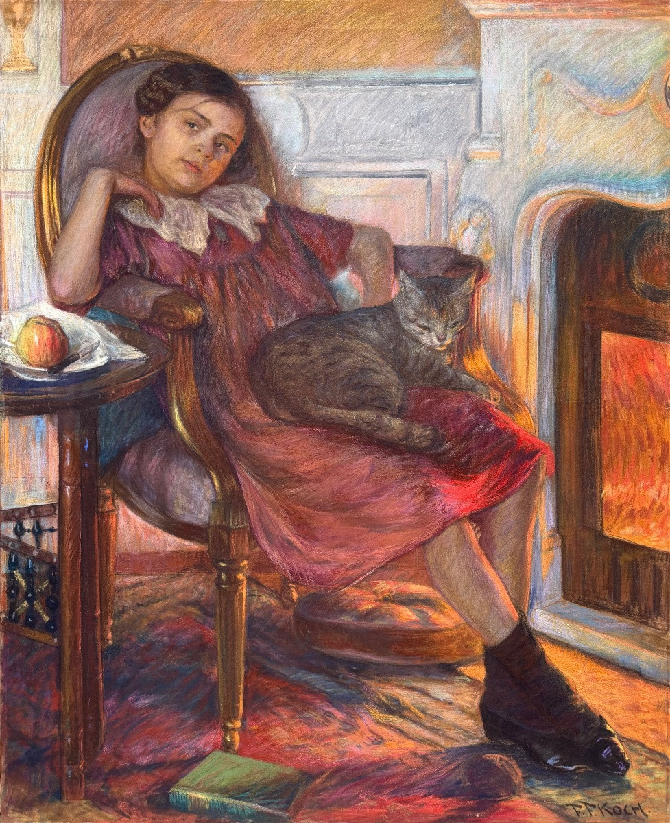 Friedrich Ferdinand (1863 – 1923) - 'girl With Cat By The Fireplace'-photo-2