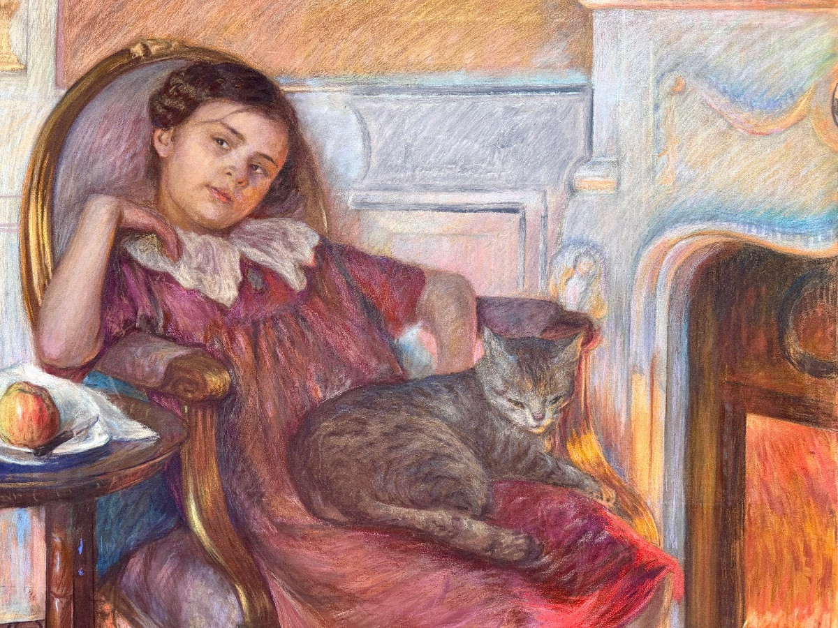 Friedrich Ferdinand (1863 – 1923) - 'girl With Cat By The Fireplace'-photo-4