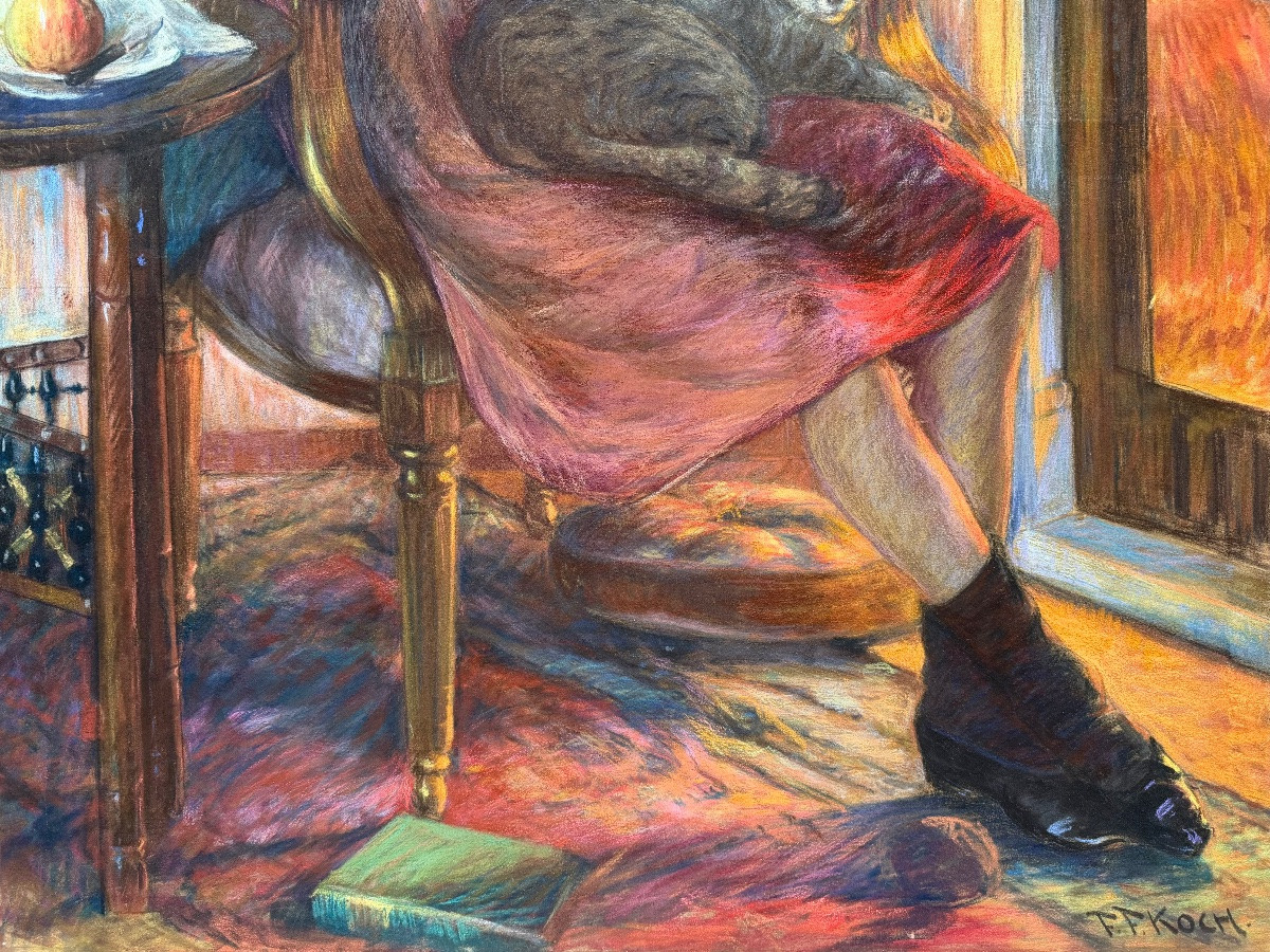 Friedrich Ferdinand (1863 – 1923) - 'girl With Cat By The Fireplace'-photo-2