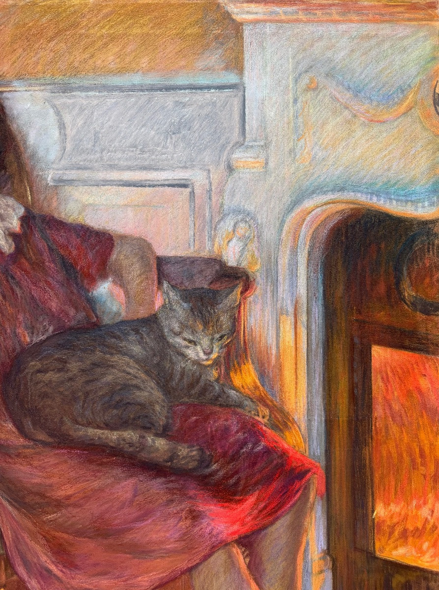 Friedrich Ferdinand (1863 – 1923) - 'girl With Cat By The Fireplace'-photo-3