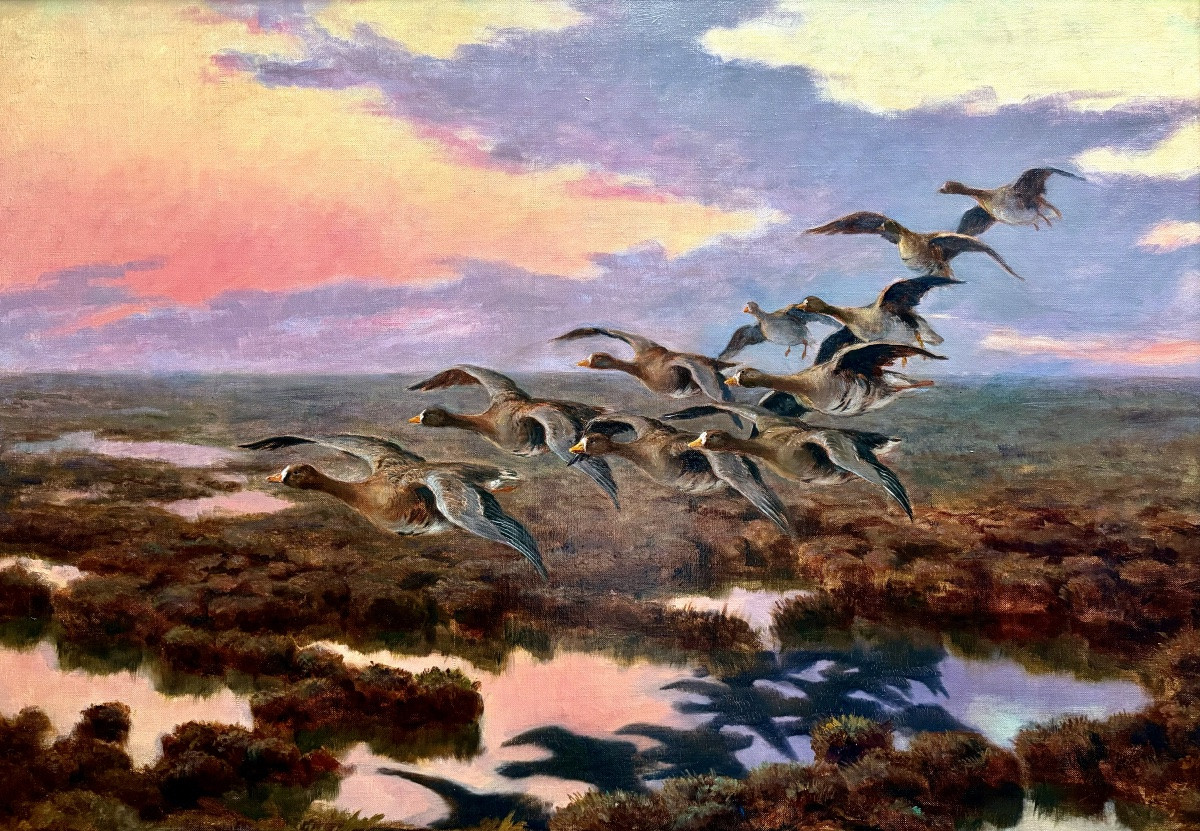 József Pálfy ( 1864 – 1934 ) - ' Vol d’automne des oies sauvages '-photo-2