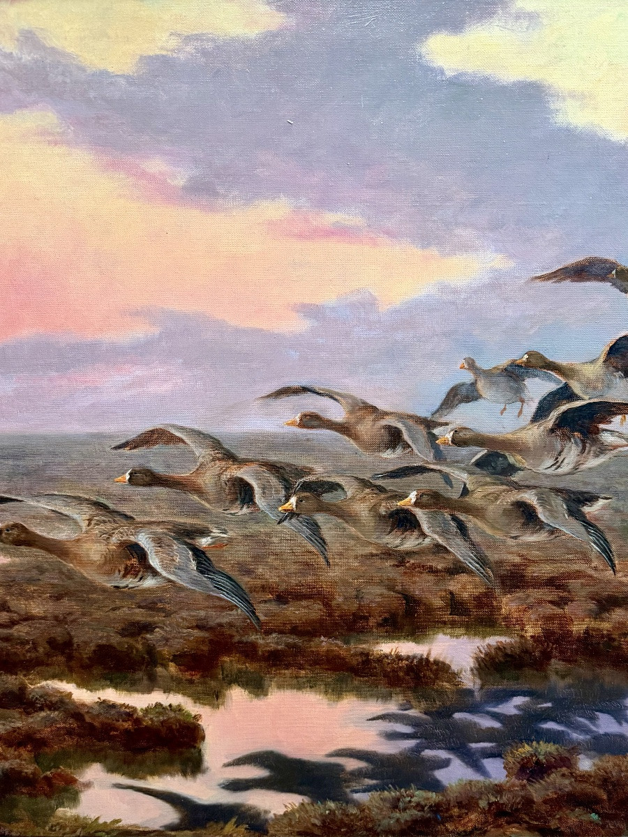 József Pálfy ( 1864 – 1934 ) - ' Vol d’automne des oies sauvages '-photo-1
