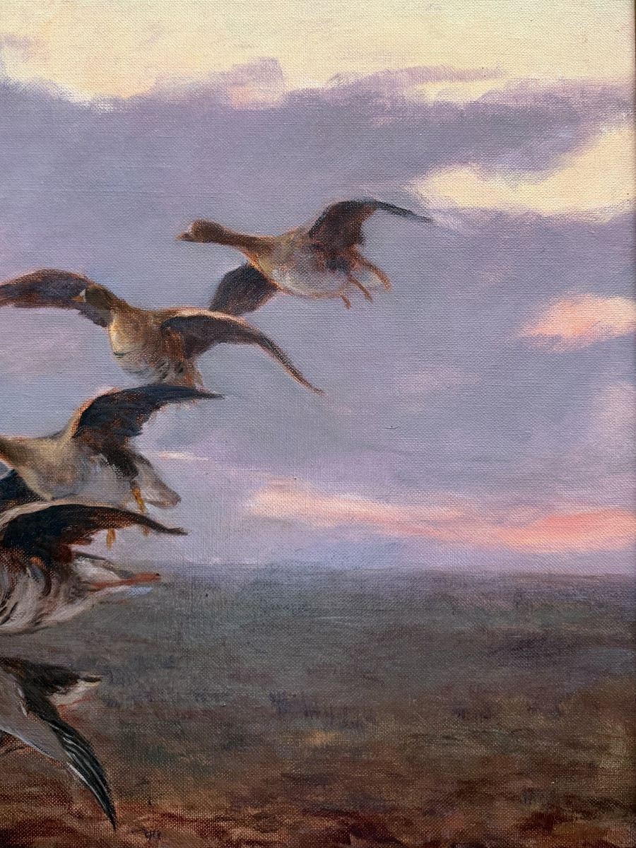 József Pálfy ( 1864 – 1934 ) - ' Vol d’automne des oies sauvages '-photo-4