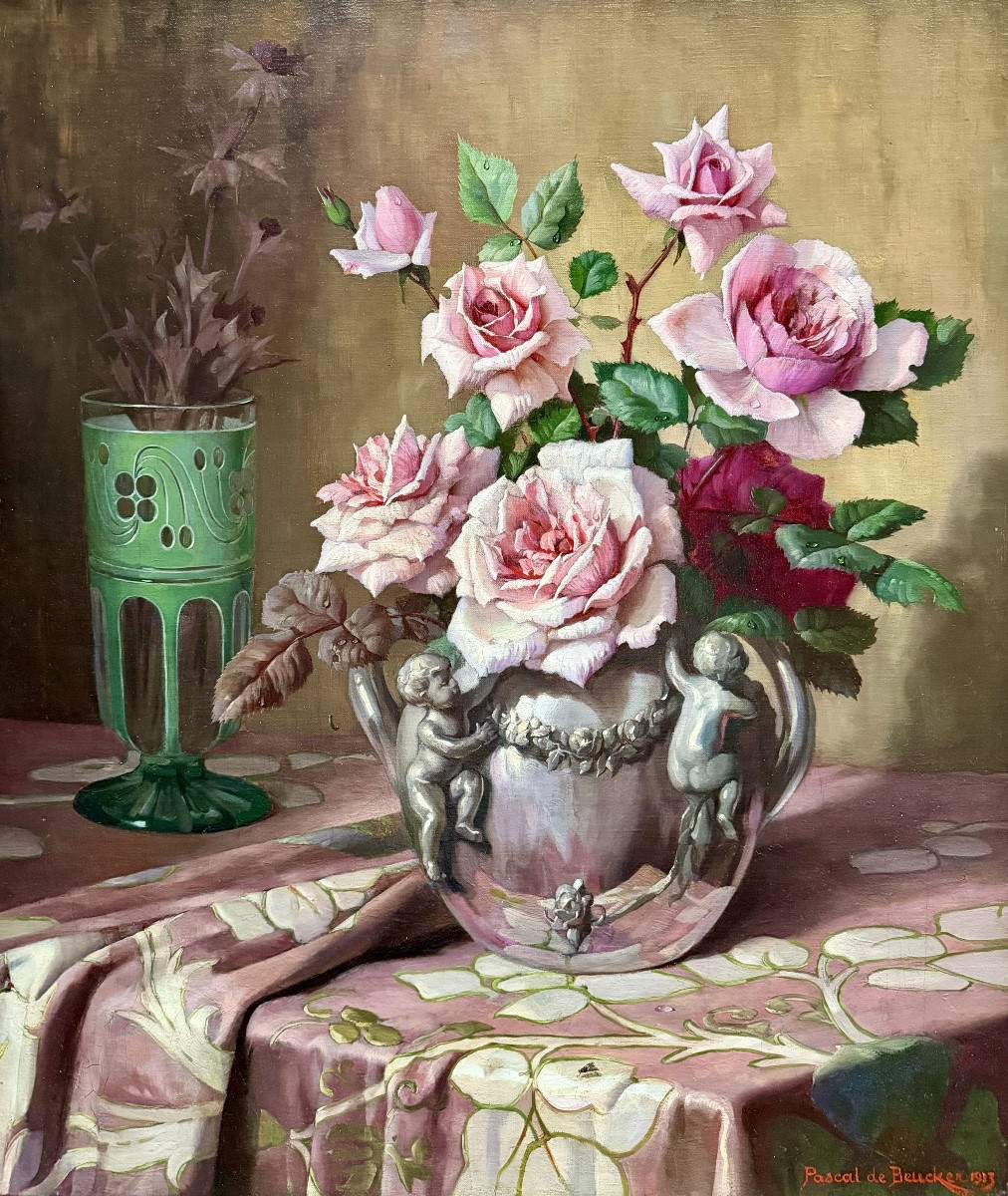 Pascal De Beucker (1861–1945) Belgian-american Painter – ' Roses In A Vase Of Angels '-photo-2
