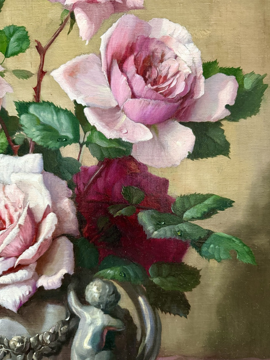 Pascal De Beucker (1861–1945) Belgian-american Painter – ' Roses In A Vase Of Angels '-photo-4