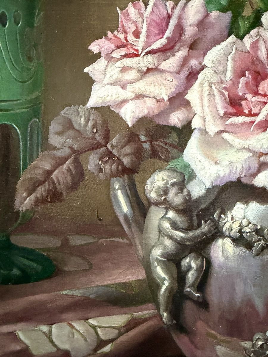Pascal De Beucker (1861–1945) Belgian-american Painter – ' Roses In A Vase Of Angels '-photo-5