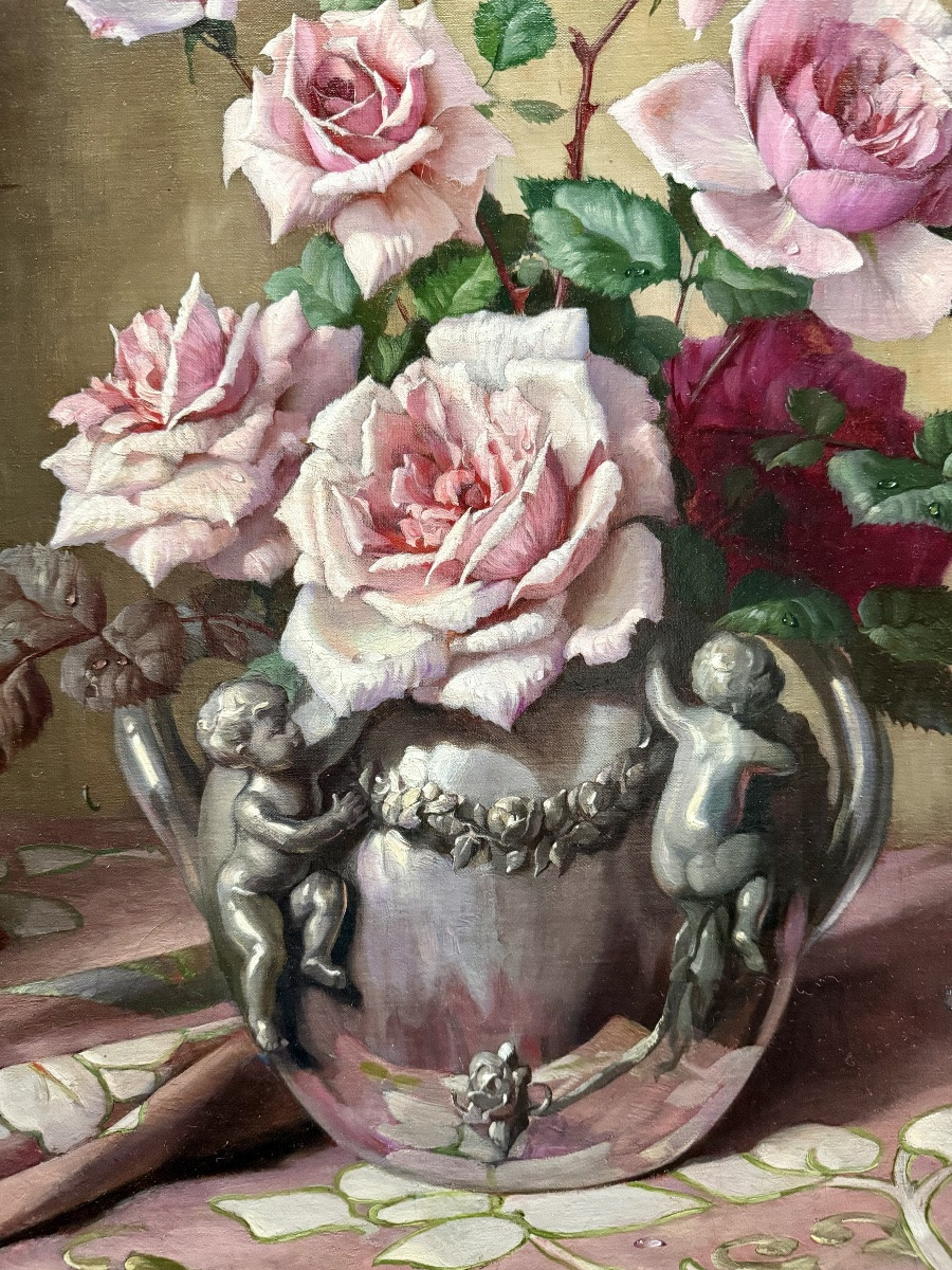 Pascal De Beucker (1861–1945) Belgian-american Painter – ' Roses In A Vase Of Angels '-photo-7