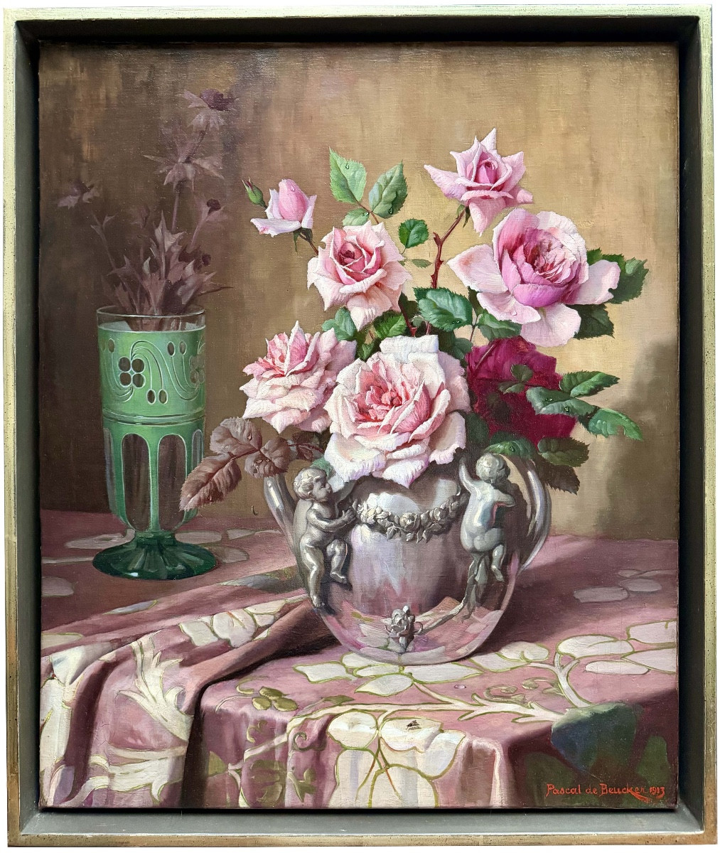 Pascal De Beucker (1861–1945) Belgian-american Painter – ' Roses In A Vase Of Angels '