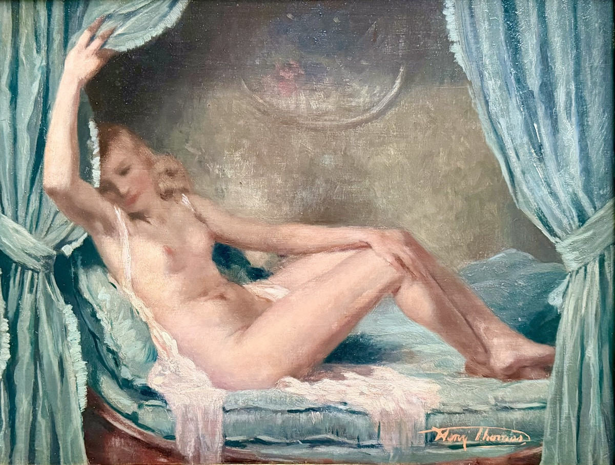 Henri Joseph Thomas (1878 – Brussels – 1972) - ' Female Nude Behind Blue Curtains '-photo-2