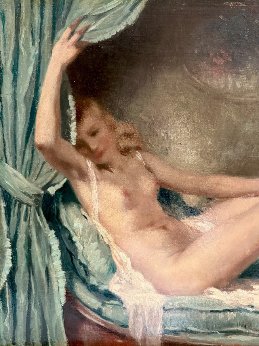 Henri Joseph Thomas (1878 – Brussels – 1972) - ' Female Nude Behind Blue Curtains '-photo-3
