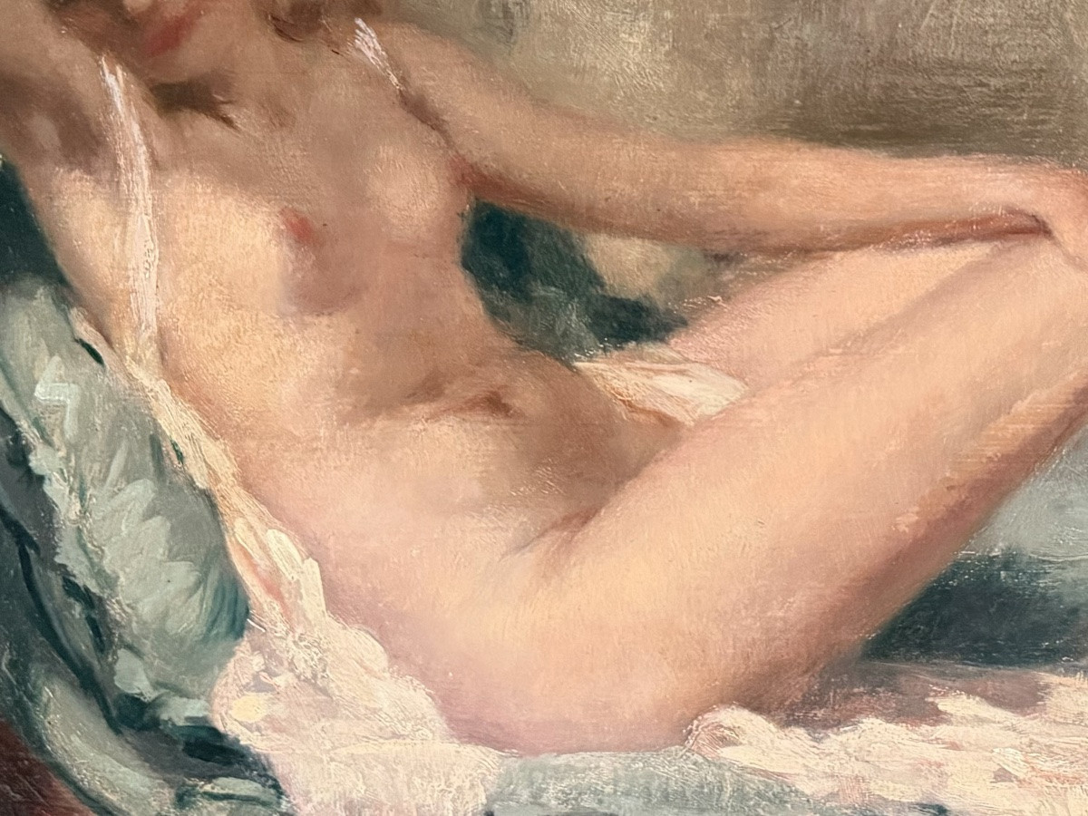 Henri Joseph Thomas (1878 – Brussels – 1972) - ' Female Nude Behind Blue Curtains '-photo-3