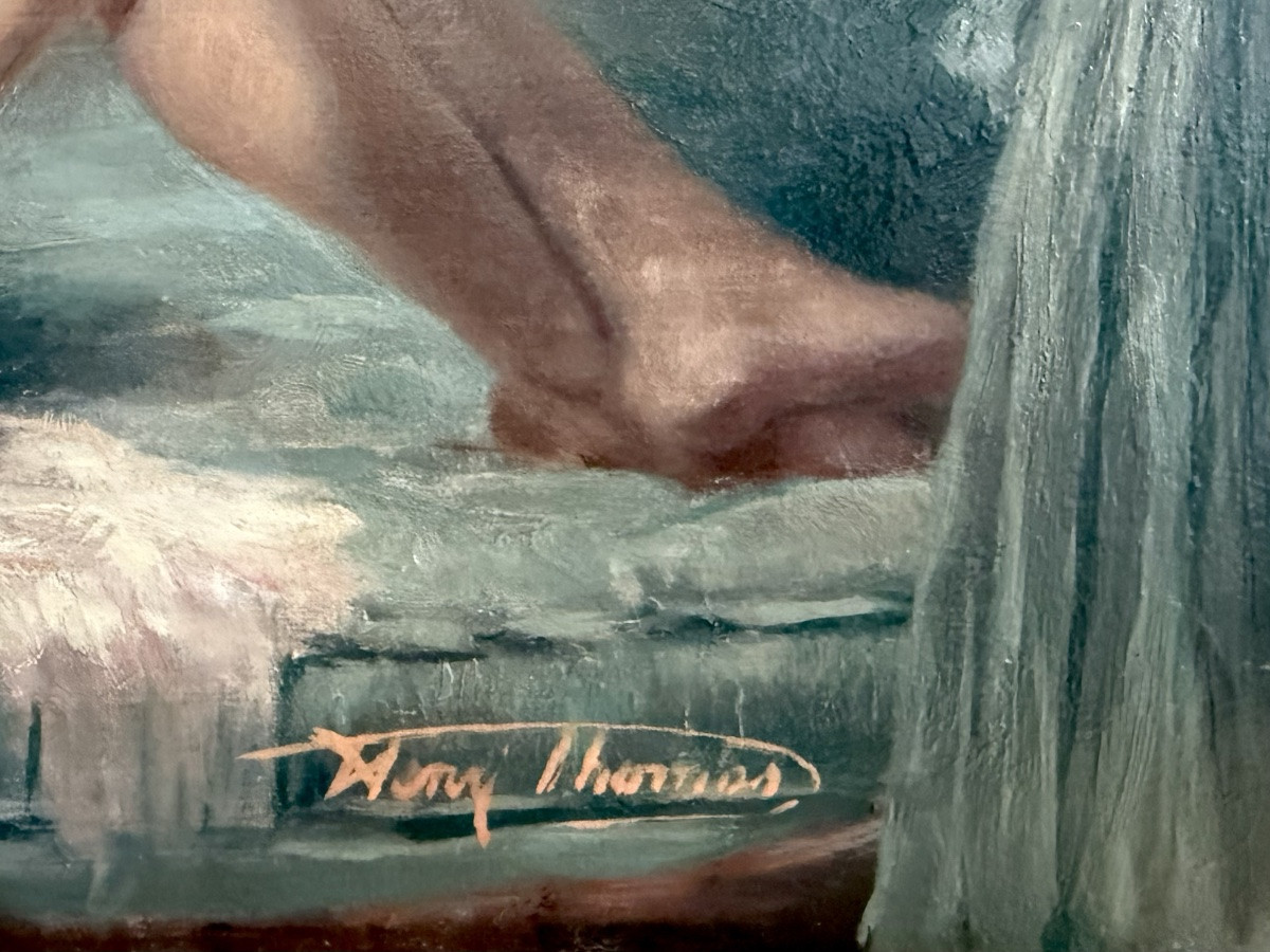 Henri Joseph Thomas (1878 – Brussels – 1972) - ' Female Nude Behind Blue Curtains '-photo-5