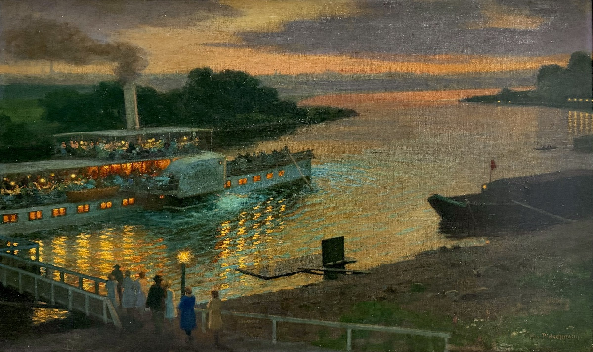 Ernst Max Pietschmann (1865 – Dresde – 1952) - Reflets au clair de lune sur l’Elbe à Pillnitz-photo-2