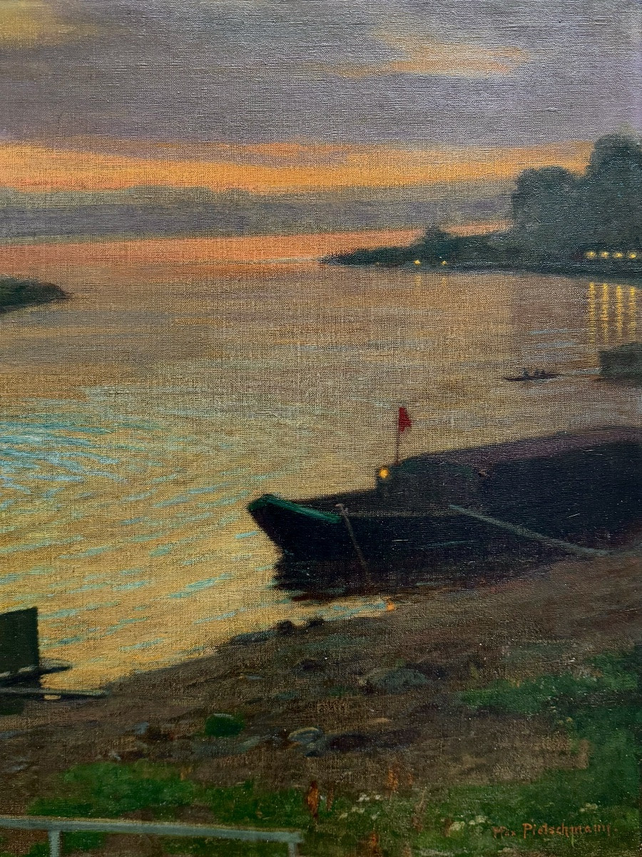 Ernst Max Pietschmann (1865 – Dresde – 1952) - Reflets au clair de lune sur l’Elbe à Pillnitz-photo-1