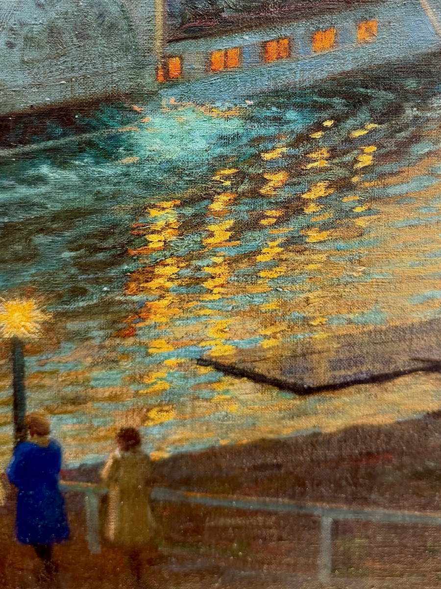 Ernst Max Pietschmann (1865 – Dresde – 1952) - Reflets au clair de lune sur l’Elbe à Pillnitz-photo-5