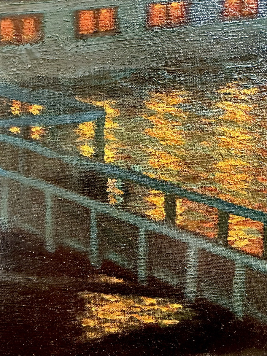 Ernst Max Pietschmann (1865 – Dresde – 1952) - Reflets au clair de lune sur l’Elbe à Pillnitz-photo-6