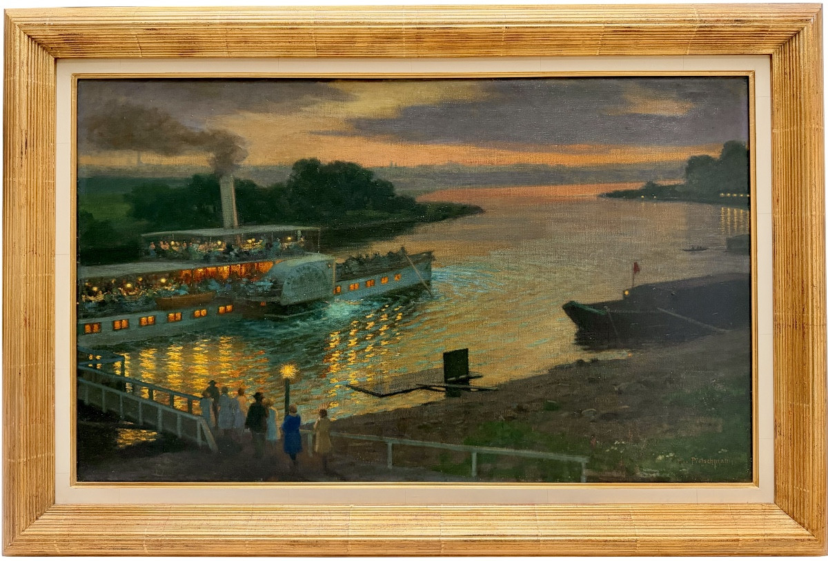 Ernst Max Pietschmann (1865 – Dresde – 1952) - Reflets au clair de lune sur l’Elbe à Pillnitz
