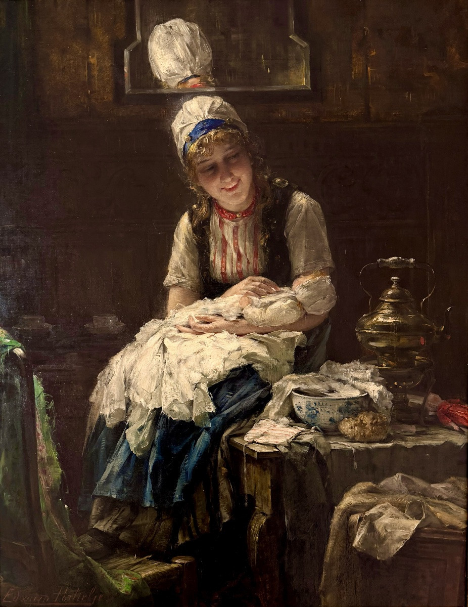 Edward Portielje ( 1861 – Anvers – 1949 ) Peintre belgo-néerlandais  - ' Mère et enfant '-photo-2