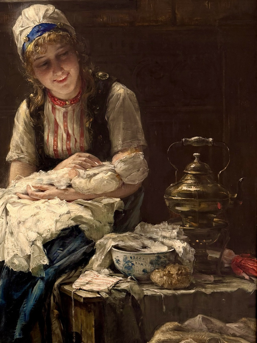 Edward Portielje ( 1861 – Anvers – 1949 ) Peintre belgo-néerlandais  - ' Mère et enfant '-photo-3