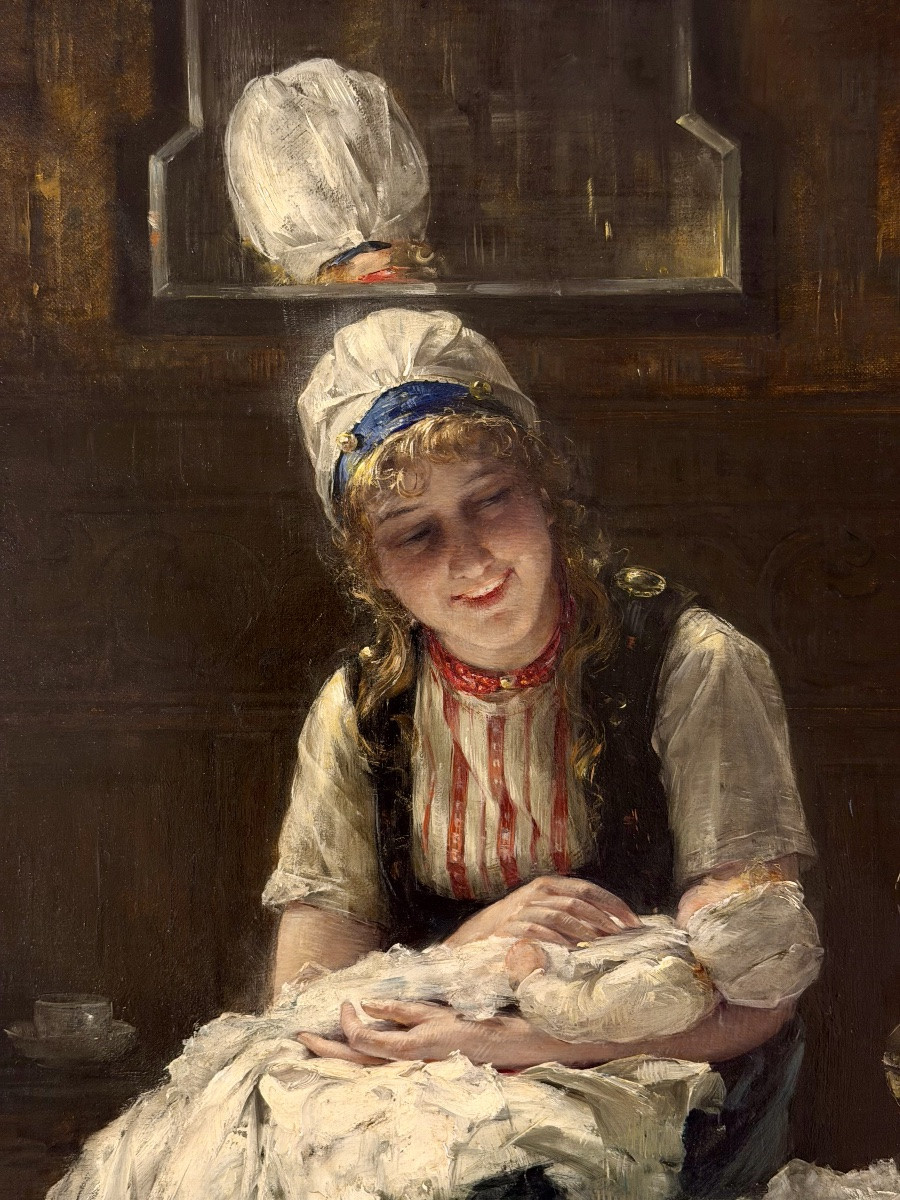 Edward Portielje ( 1861 – Anvers – 1949 ) Peintre belgo-néerlandais  - ' Mère et enfant '-photo-1