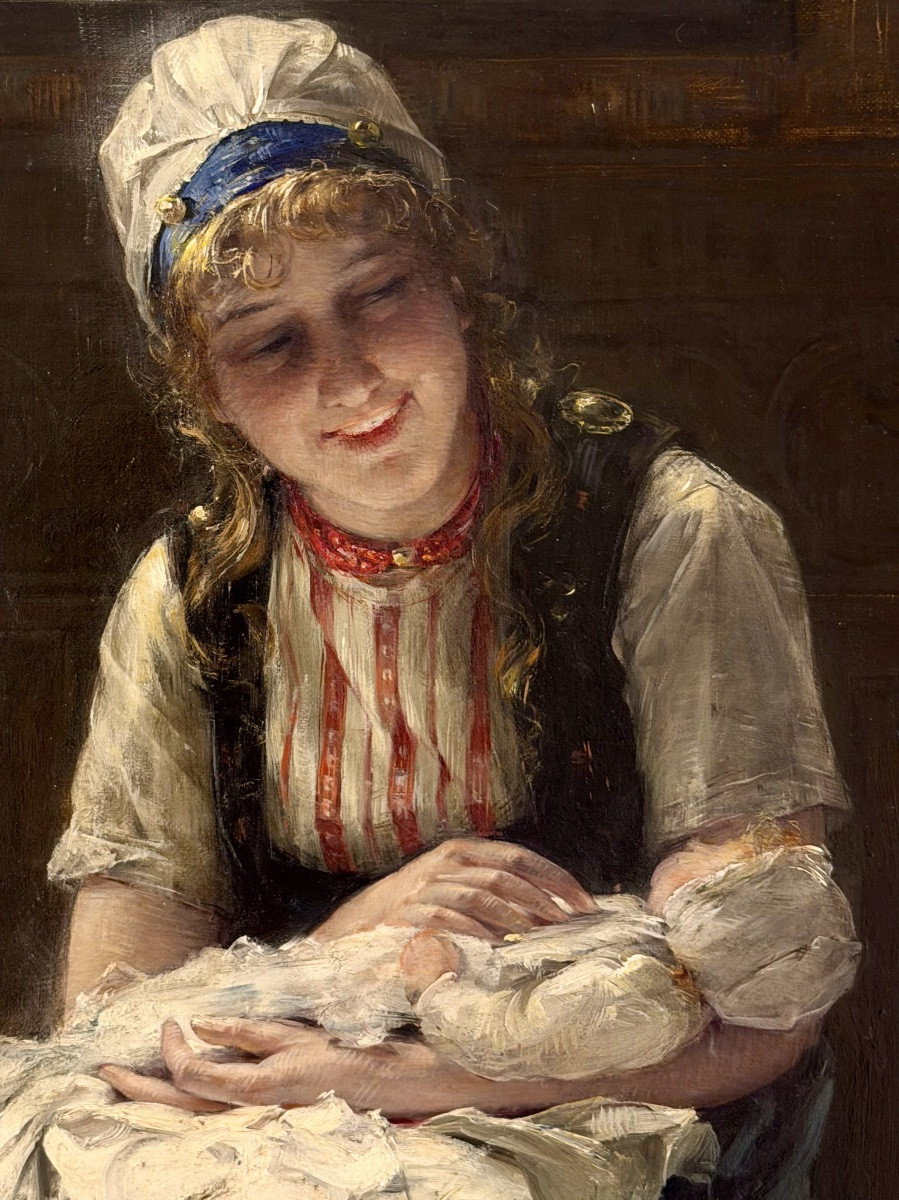 Edward Portielje ( 1861 – Anvers – 1949 ) Peintre belgo-néerlandais  - ' Mère et enfant '-photo-2