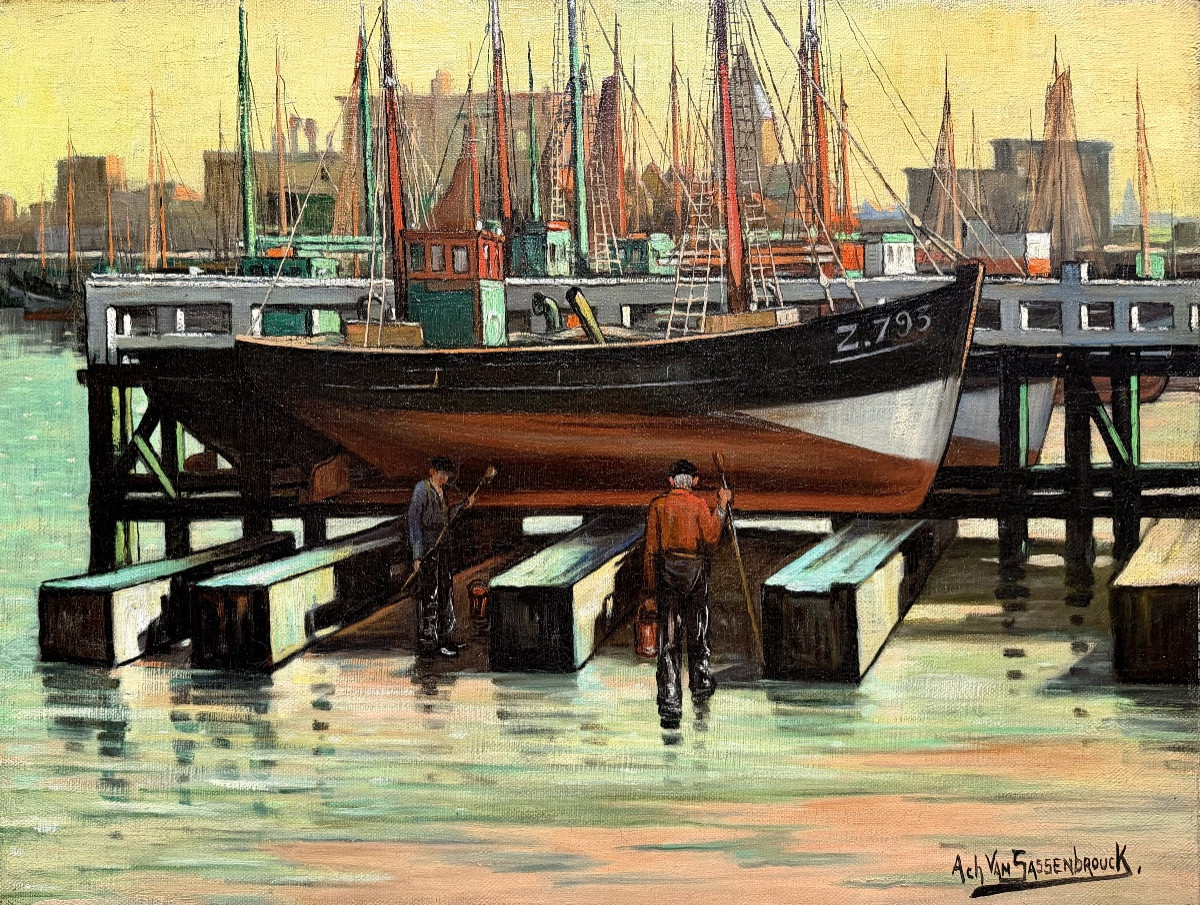 Achille Van Sassenbrouck ( Bruges 1886 - 1979 Ghent ) - Harbour Hands In Ostend-photo-1