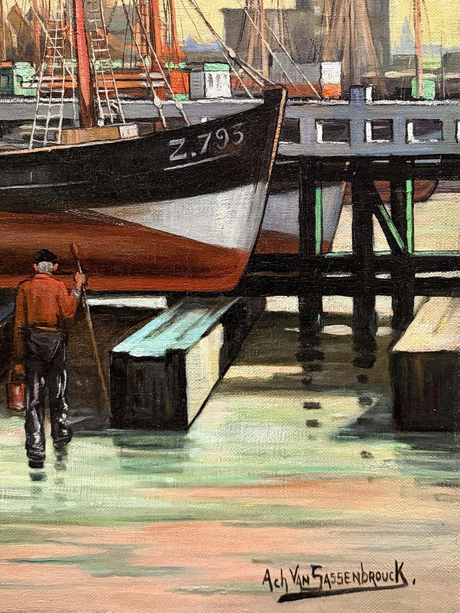 Achille Van Sassenbrouck ( Bruges 1886 - 1979 Ghent ) - Harbour Hands In Ostend-photo-8