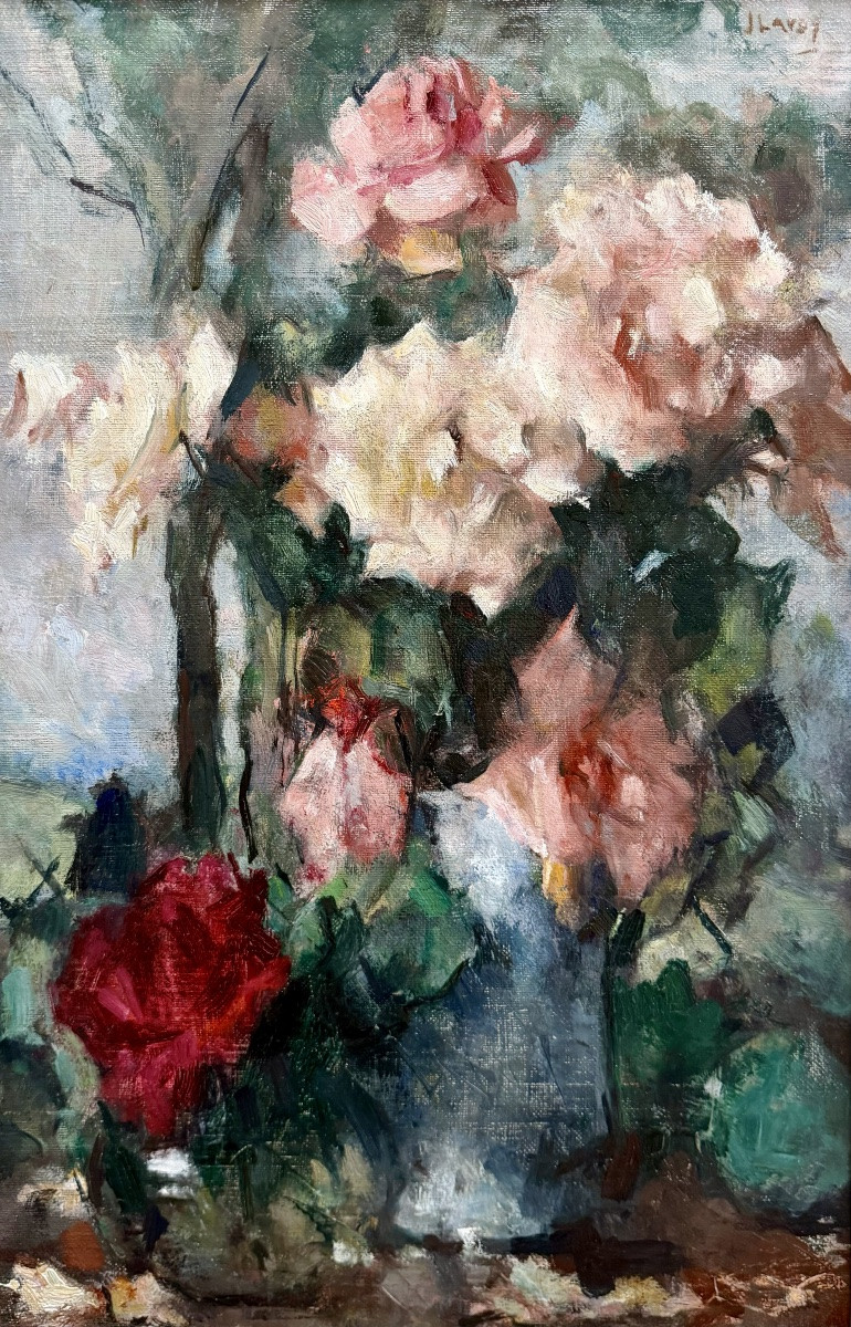 Jean Laudy (1877 – 1956) - ' Bouquet de roses variées dans un vase '-photo-2