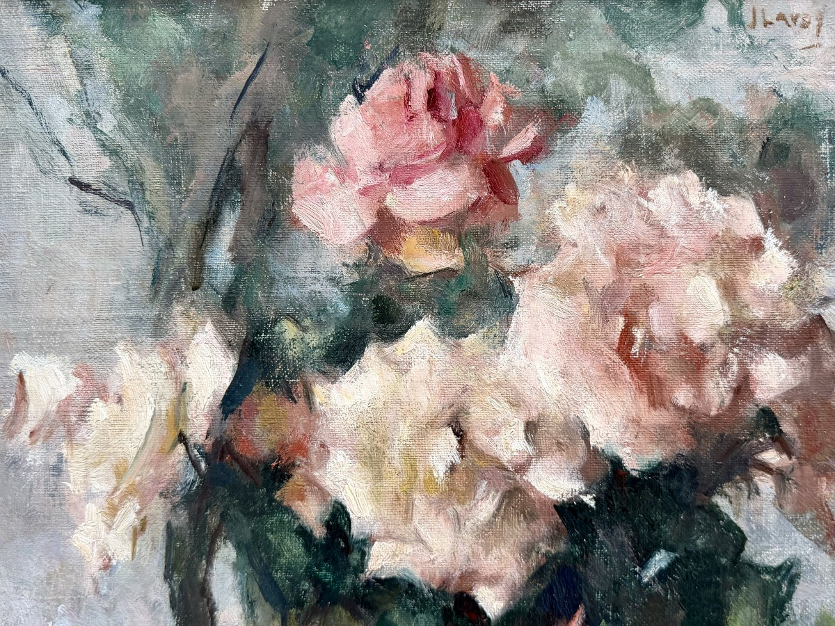 Jean Laudy (1877 – 1956) - ' Bouquet de roses variées dans un vase '-photo-1