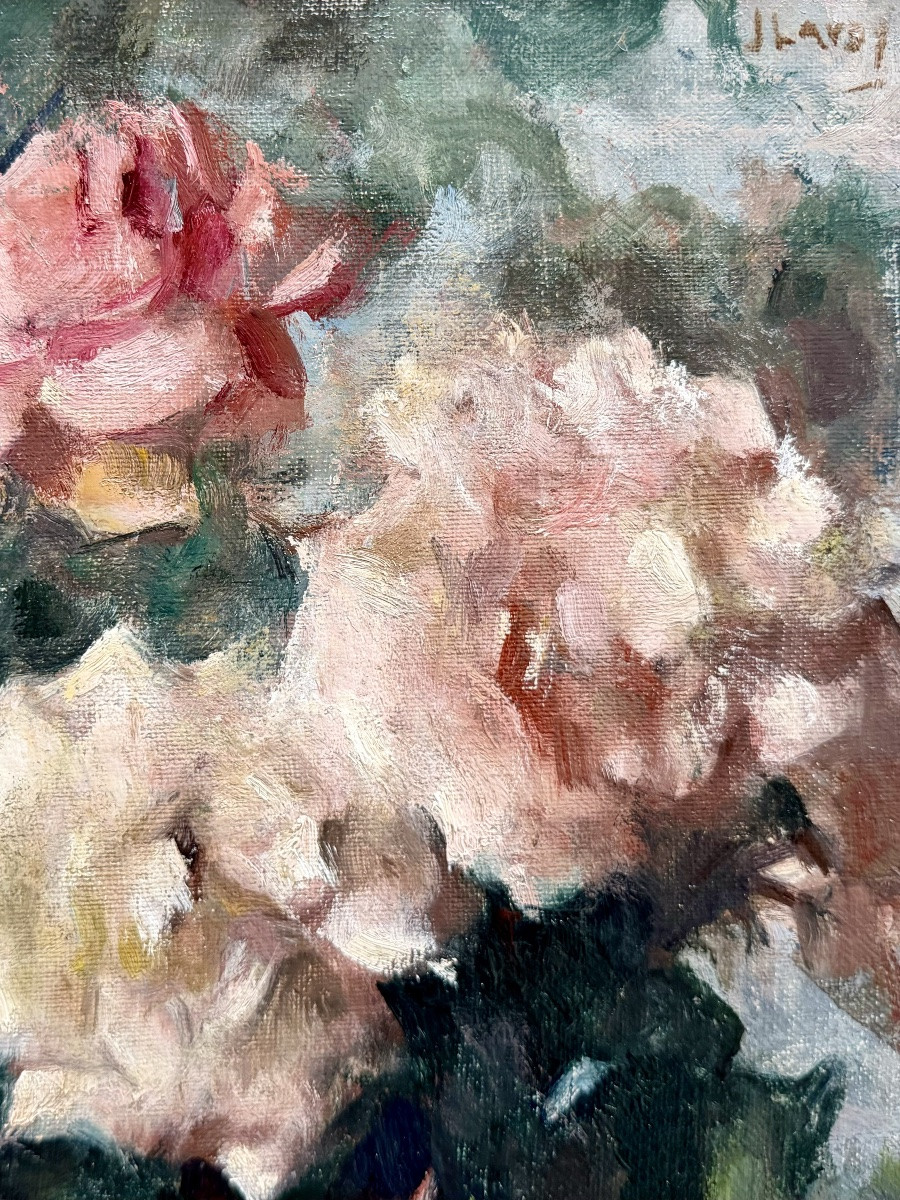 Jean Laudy (1877 – 1956) - ' Bouquet de roses variées dans un vase '-photo-2