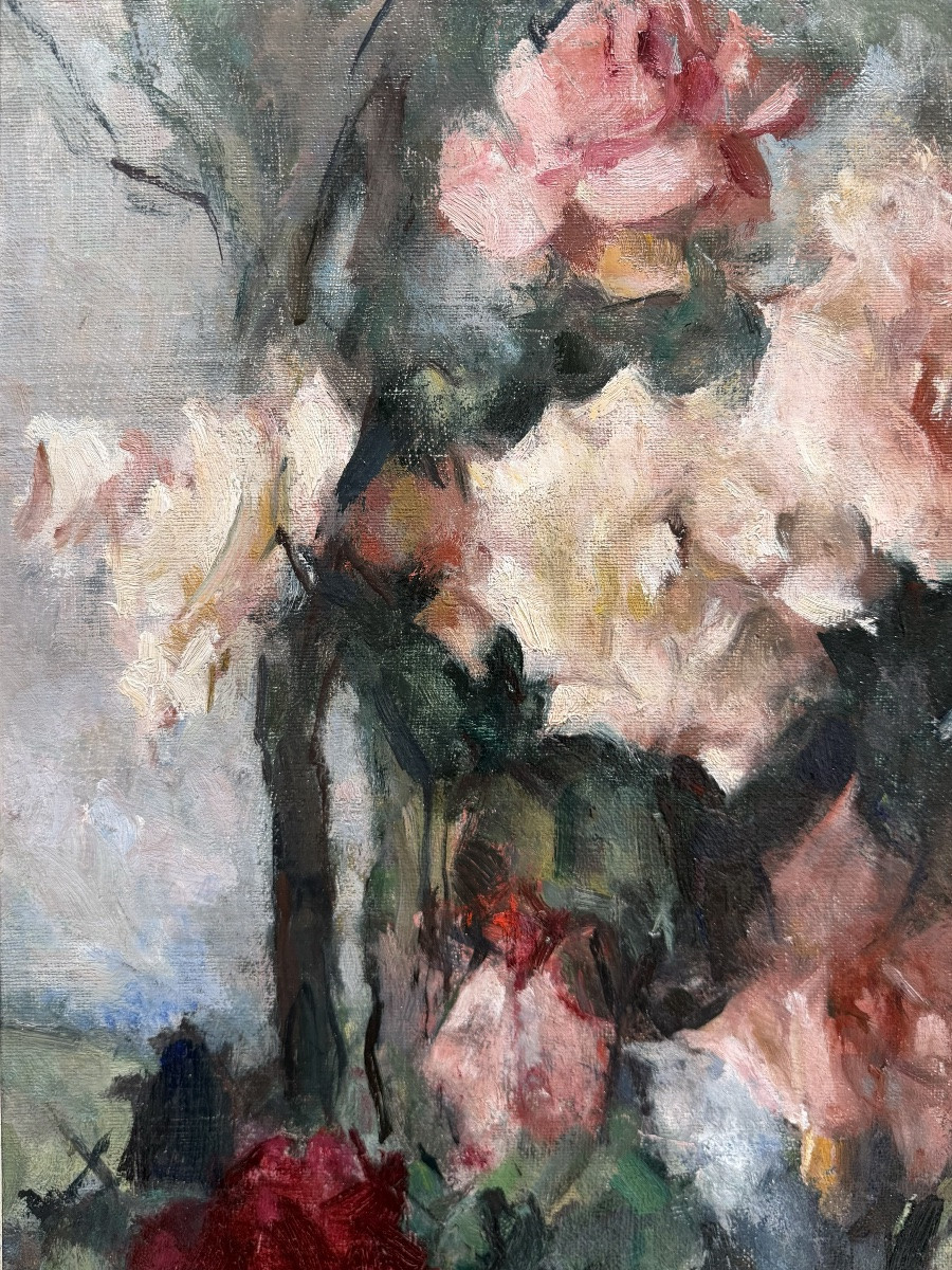 Jean Laudy (1877 – 1956) - ' Bouquet de roses variées dans un vase '-photo-3