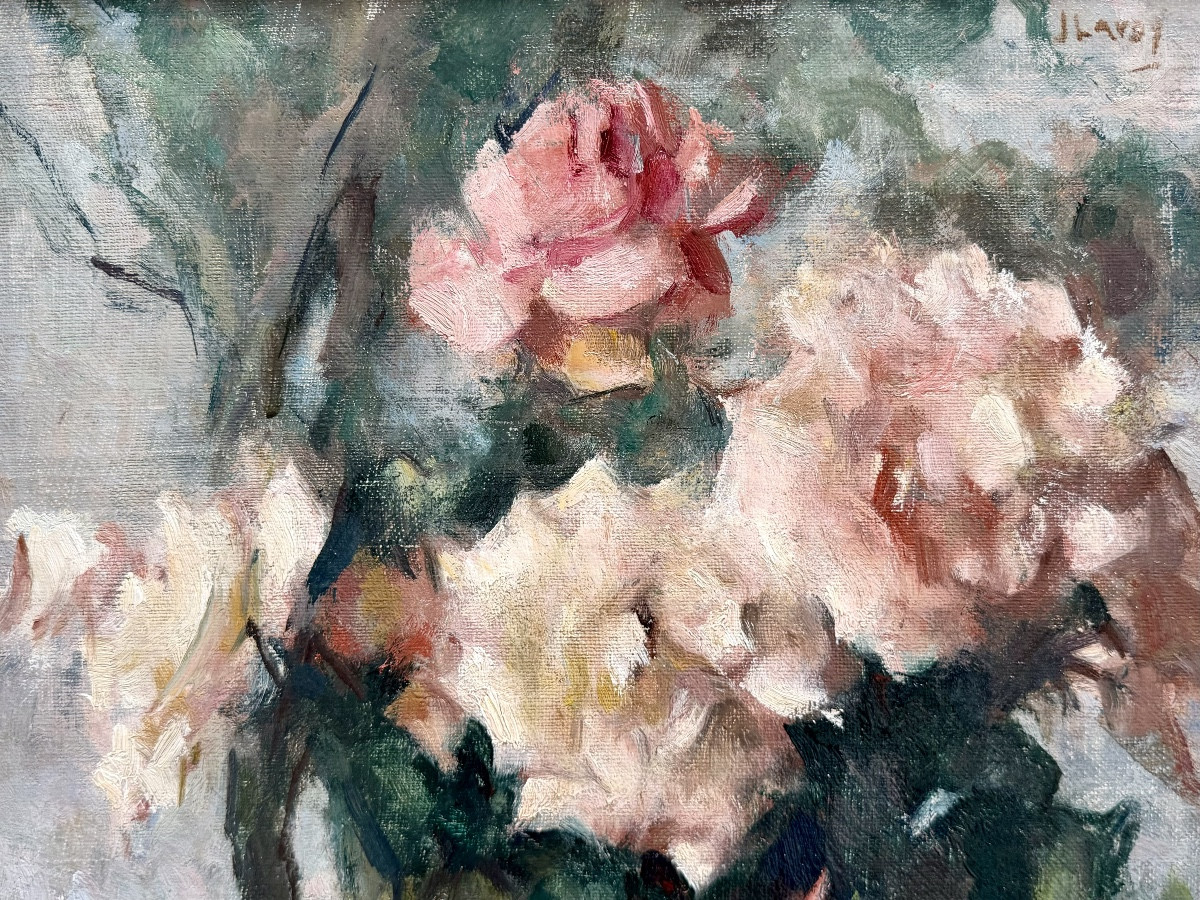 Jean Laudy (1877 – 1956) - ' Bouquet de roses variées dans un vase '-photo-6