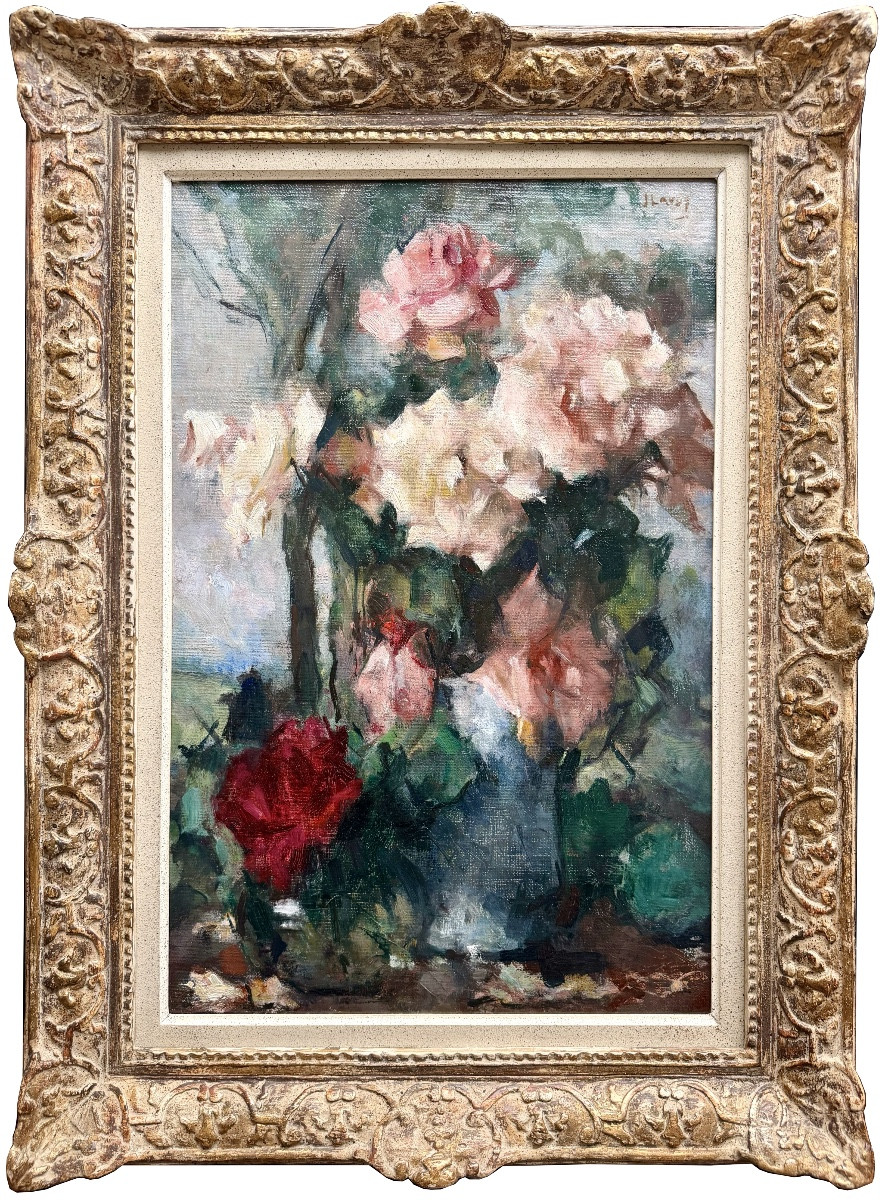 Jean Laudy (1877 – 1956) - ' Bouquet de roses variées dans un vase '