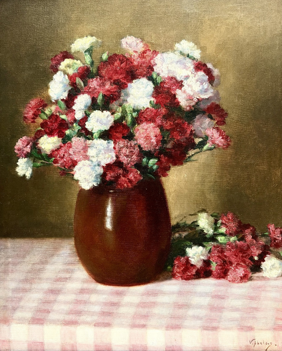 Victor Abeloos (1881 – Bruxelles – 1965) - « Bouquet d’œillets sur une nappe à carreaux Vichy »-photo-2