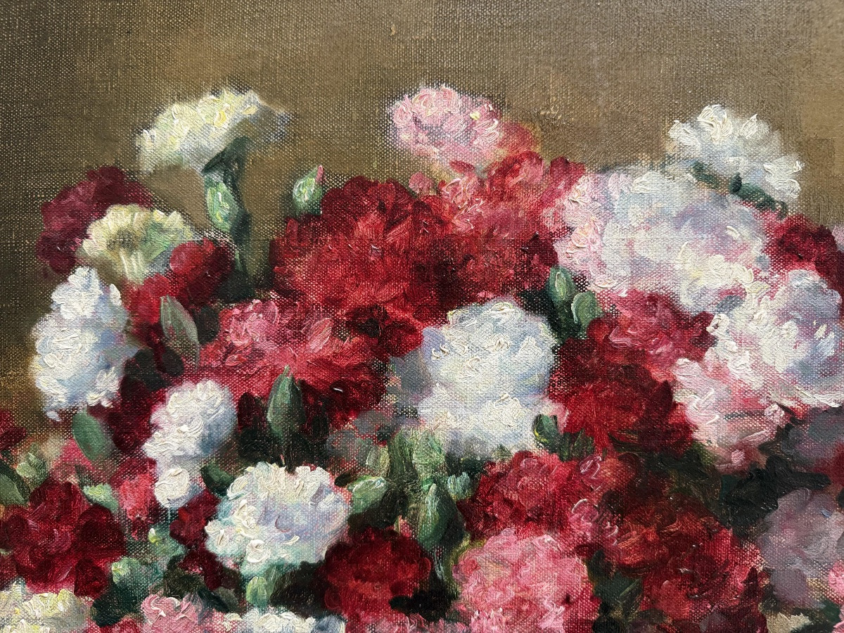 Victor Abeloos (1881 – Bruxelles – 1965) - « Bouquet d’œillets sur une nappe à carreaux Vichy »-photo-3