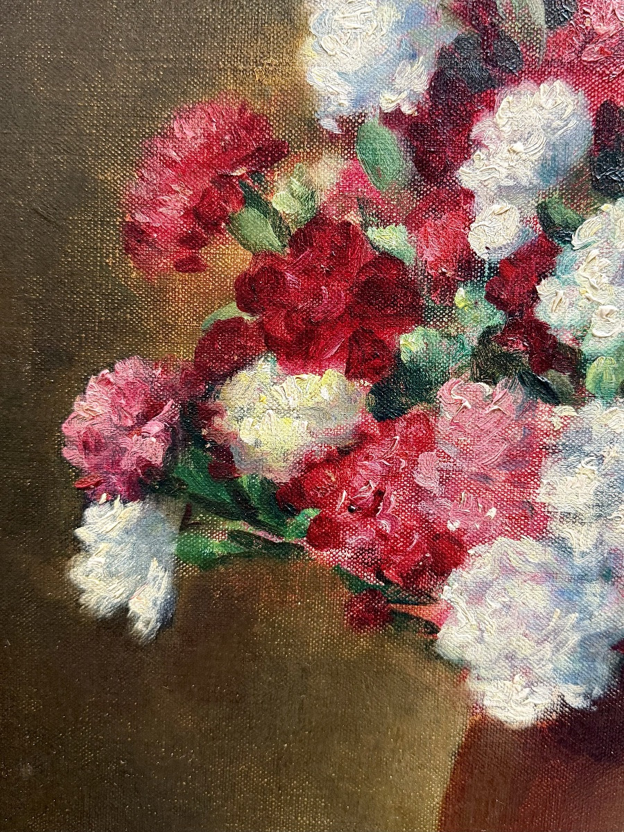 Victor Abeloos (1881 – Bruxelles – 1965) - « Bouquet d’œillets sur une nappe à carreaux Vichy »-photo-4