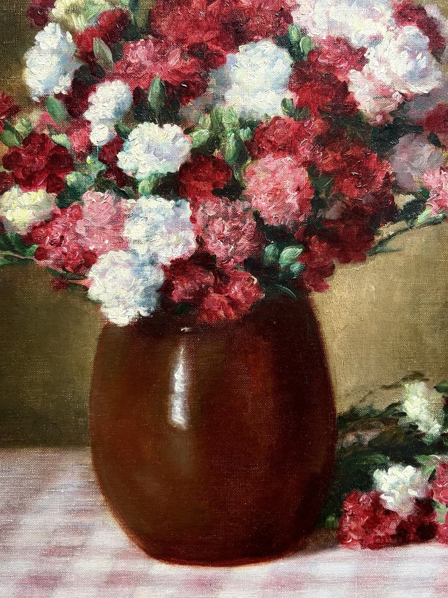 Victor Abeloos (1881 – Bruxelles – 1965) - « Bouquet d’œillets sur une nappe à carreaux Vichy »-photo-2