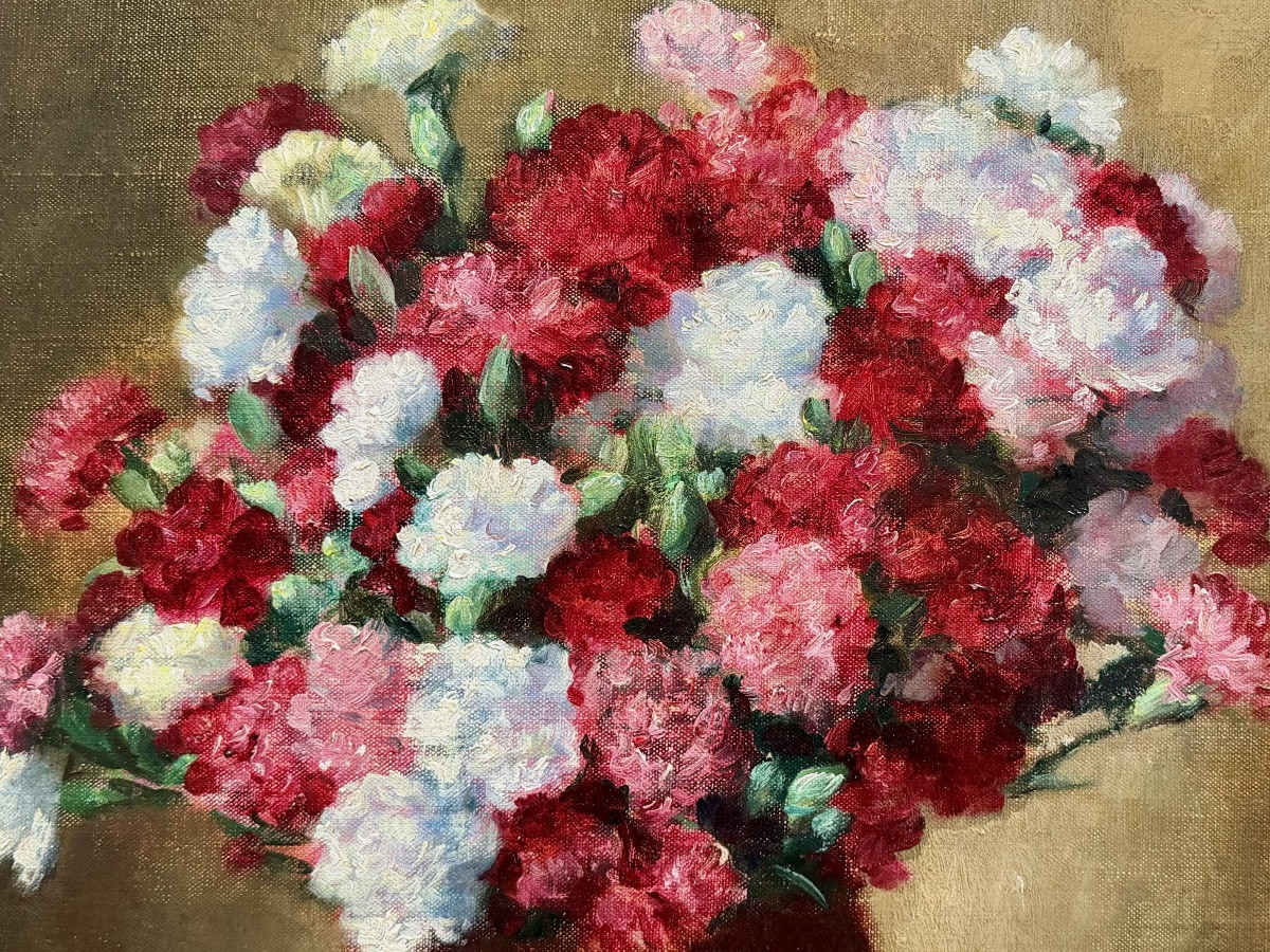 Victor Abeloos (1881 – Bruxelles – 1965) - « Bouquet d’œillets sur une nappe à carreaux Vichy »-photo-3