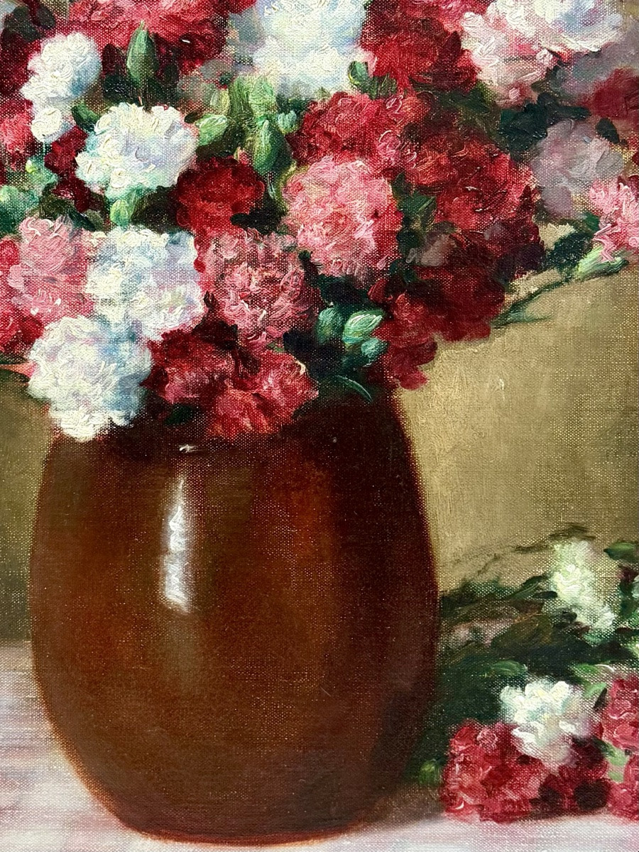Victor Abeloos (1881 – Bruxelles – 1965) - « Bouquet d’œillets sur une nappe à carreaux Vichy »-photo-4