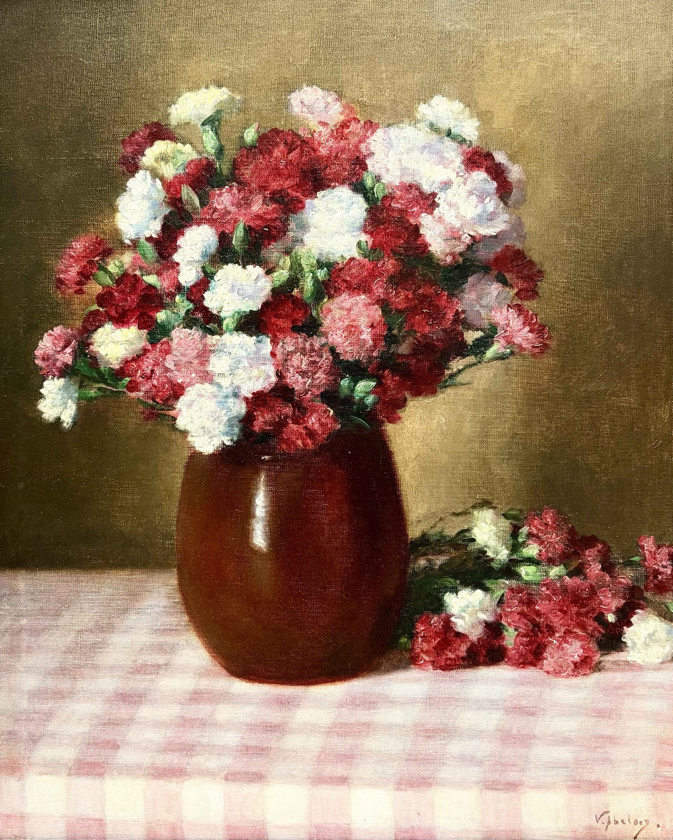 Victor Abeloos (1881 – Bruxelles – 1965) - « Bouquet d’œillets sur une nappe à carreaux Vichy »-photo-5