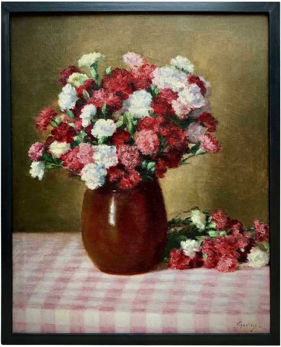 Victor Abeloos (1881 – Bruxelles – 1965) - « Bouquet d’œillets sur une nappe à carreaux Vichy »