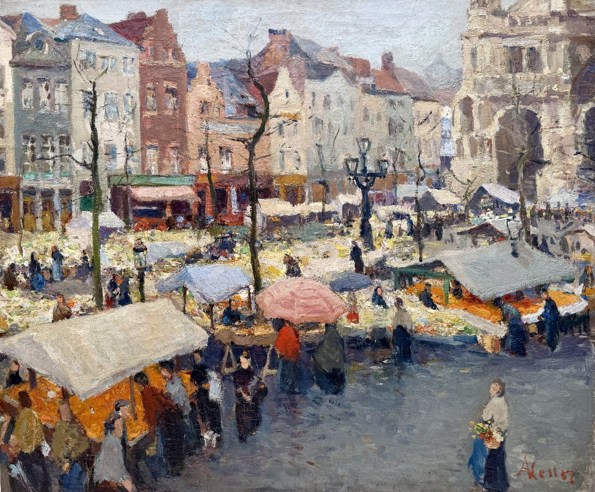 Adolphe Keller (1880  – 1968) - « Marché sur la place Sainte-Catherine, Bruxelles 1930 »-photo-2