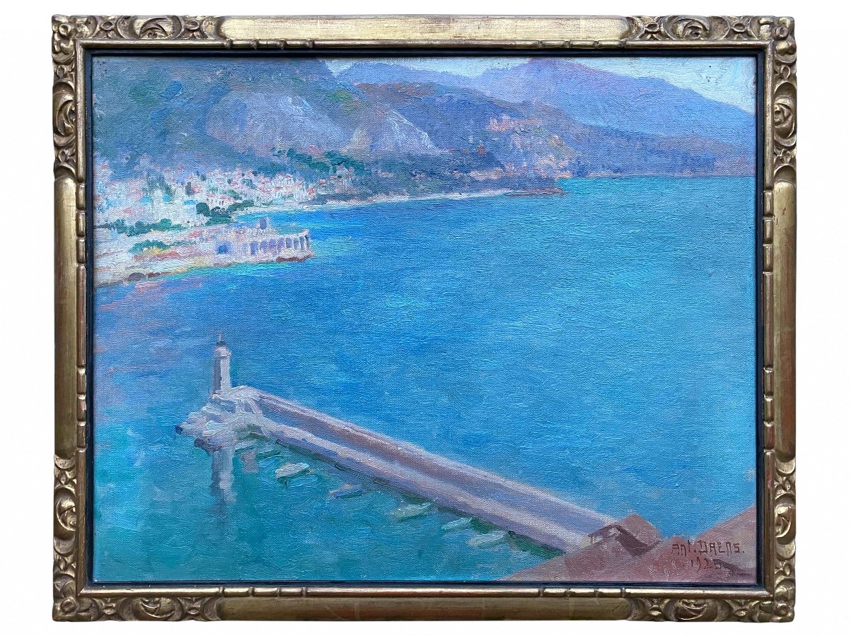 Seascape With Pier And Lighthouse Of Monaco Harbour, Daens Antoine, Brussels 1871 – 1946